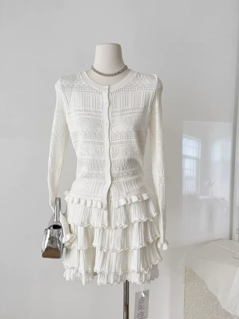 White Knit Ruffle Tiered Dress